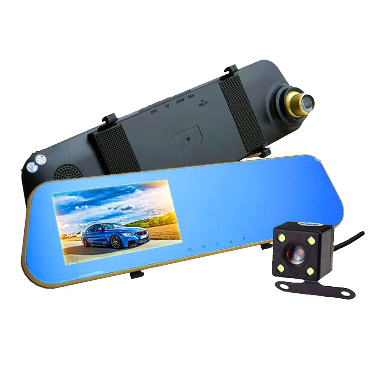 Câmera Veicular Espelho Retrovisor Duplo com Câmera de Ré e Frontal 1080p