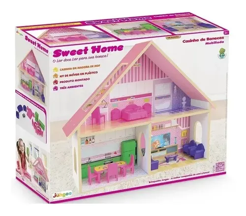 Casinha de Boneca em Madeira MDF 3 Andares com Móveis Junges