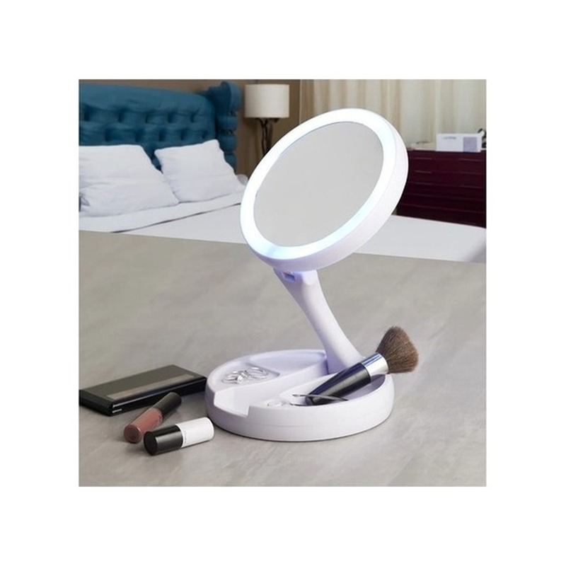 Mini Espelho de Bolsa Dobrável com Luz LED USB