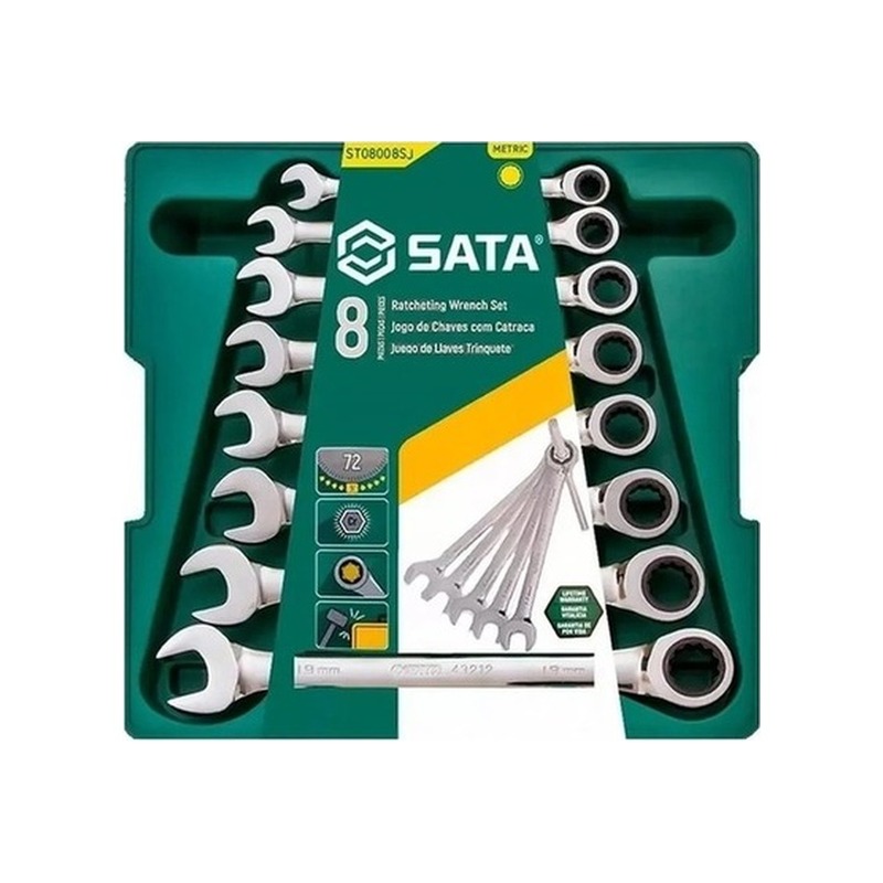 Jogo de Chaves Combinadas com Catraca Sata 8 a 19mm 8 Peças