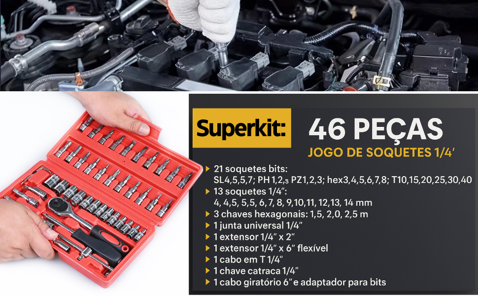 Jogo de Soquetes e Catraca Reversível 46 Peças Aço Cromo Vanádio 1/4"