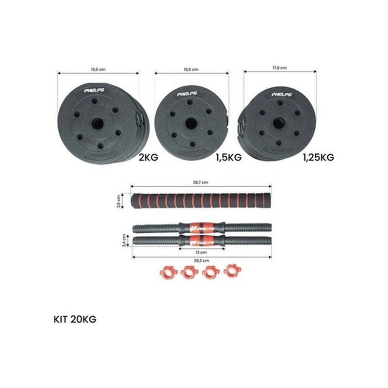 Kit Halteres com Anilhas e Barra Rosqueável 20kg Polimet