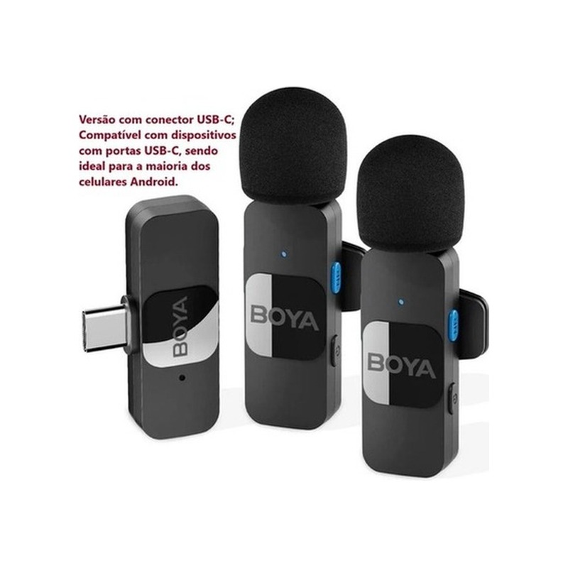 Kit Microfone Lapela Sem Fio Duplo Boya BY-V20 USB-C / Lightning
