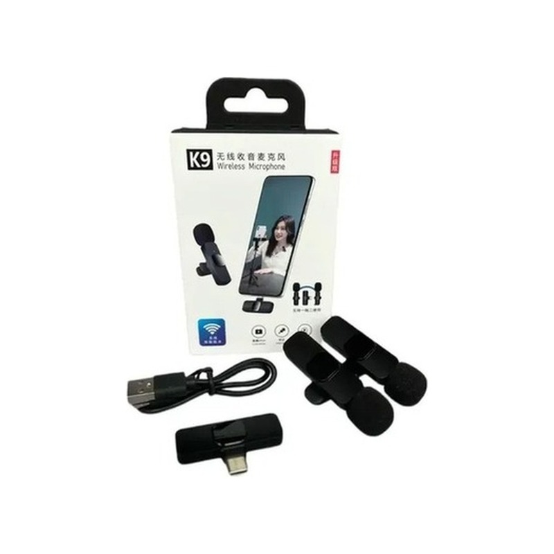 Kit Microfone Lapela Sem Fio Duplo K9 Plug and Play