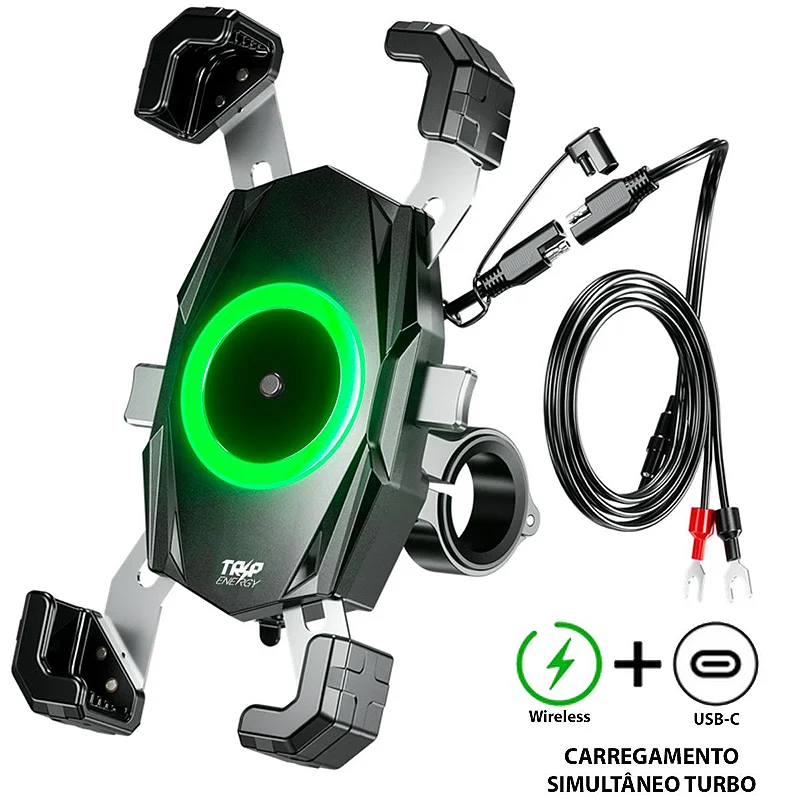 Suporte Articulado para Moto em Alumínio com Carregamento Indução Qi e USB-C